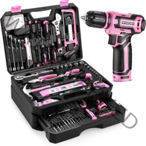 Pink Tool Kit Box Drill Set：DEKOPRO Home Mechanic Toolbox with 12V Power Cordless Drill Hand Repair Tools Sets Combo Kits Storage Organizer Drawer Case for Women