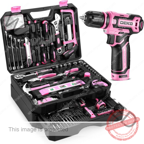 Pink Tool Kit Box Drill Set：DEKOPRO Home Mechanic Toolbox with 12V Power Cordless Drill Hand Repair Tools Sets Combo Kits Storage Organizer Drawer Case for Women