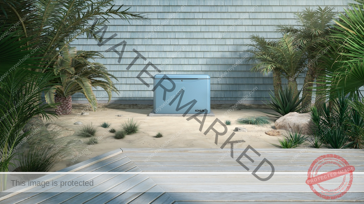 A blue Kohler home generator is installed near a coastal home.