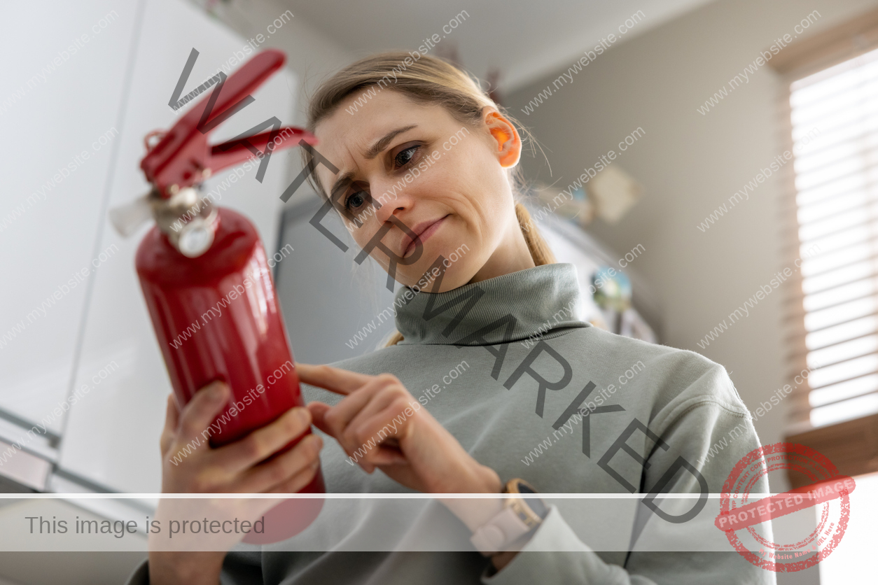 Surprised woman reading text on the edge of a fire extinguisher.