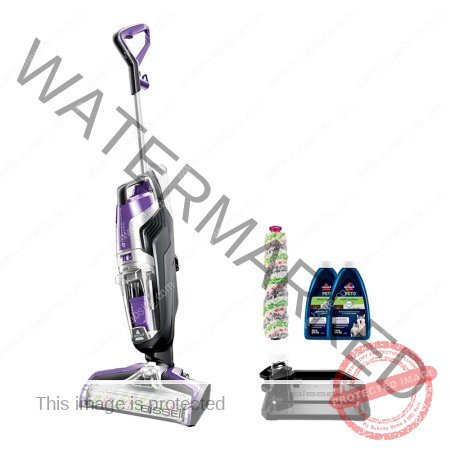  The Bissell CrossWave Pet Pro Wet Dry Vac with extra brush roll, sample cleaning solution, and accesories on white background