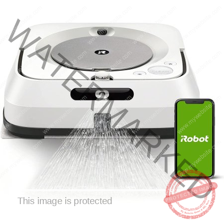  The iRobot Wifi-Connected Braava Robot Mop on white background with green iRobot logo on phone