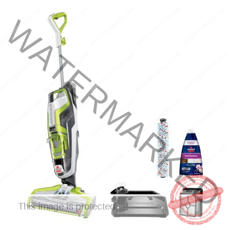  The Bissell CrossWave Wet Dry Vac with brush roll, cleaner, accessories on white background