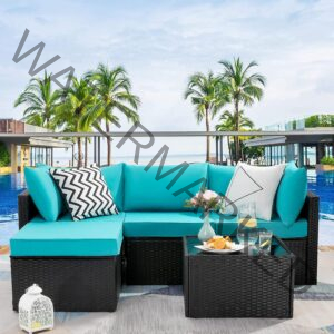 5 Pieces Patio Furniture Sets, Outdoor Sectional Sofa, All Weather Rattan Wicker Couch with Glass Table, Patio Conversation Set for Porch Backyard Garden Pool Deck Balcony