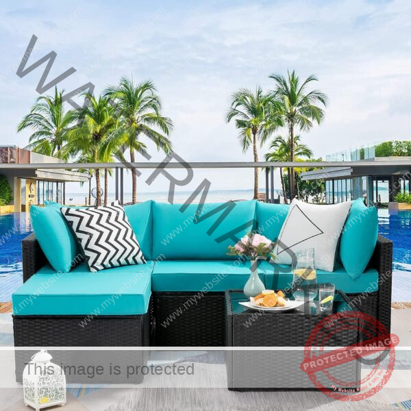 5 Pieces Patio Furniture Sets, Outdoor Sectional Sofa, All Weather Rattan Wicker Couch with Glass Table, Patio Conversation Set for Porch Backyard Garden Pool Deck Balcony