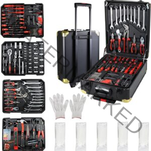 899 pcs Aluminum Trolley Case Tool Set, Removable Portable Hand Toolbox Set with 4 Drawers and Wheels for Household Repairs, Auto Maintenance, Construction, Garden (Black)