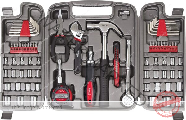 Apollo Tools 79 Piece Multi-Purpose SAE and Metric Tool Set with Sockets for the Garage, Home or on the Road. Includes Essential Tools for Vehicle Maintenance and Repairs - Red- DT9411