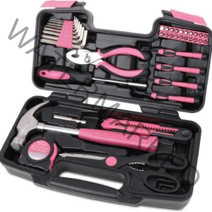 Apollo Tools Original 39 Piece General Household Tool Set in Toolbox Storage Case with Essential Hand Tools for Everyday Home Repairs, DIY and Crafts - Pink Ribbon - Pink - DT9706P