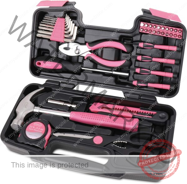 Apollo Tools Original 39 Piece General Household Tool Set in Toolbox Storage Case with Essential Hand Tools for Everyday Home Repairs, DIY and Crafts - Pink Ribbon - Pink - DT9706P