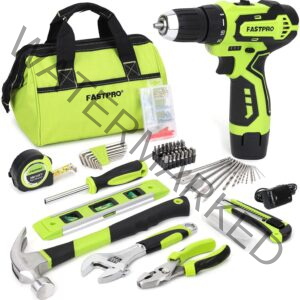 FASTPRO 175-Piece 12V Cordless Drill Set, Drill Driver and Home Tool Kit, House Repairing Tool with 12-Inch Storage Tool Bag, For DIY, Home Maintenance, Green