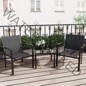 Greesum 3 Pieces Patio Furniture Set Outdoor Conversation Textilene Fabric Chairs for Lawn, Garden, Balcony, Poolside with A Glass Coffee Table, Black