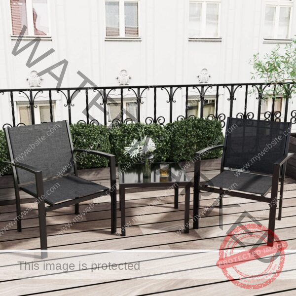 Greesum 3 Pieces Patio Furniture Set Outdoor Conversation Textilene Fabric Chairs for Lawn, Garden, Balcony, Poolside with A Glass Coffee Table, Black