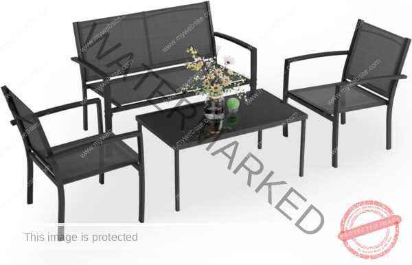 Greesum 4 Pieces Patio Furniture Set, Outdoor Conversation Sets for Patio, Lawn, Garden, Poolside with A Glass Coffee Table, Black