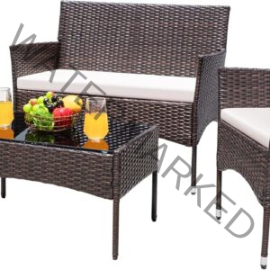 Greesum Patio Furniture 4 Pieces Conversation Sets Outdoor Wicker Rattan Chairs Garden Backyard Balcony Porch Poolside loveseat with Cushion and Glass Table, Brown and Beige