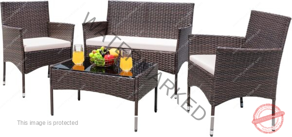 Greesum Patio Furniture 4 Pieces Conversation Sets Outdoor Wicker Rattan Chairs Garden Backyard Balcony Porch Poolside loveseat with Cushion and Glass Table, Brown and Beige