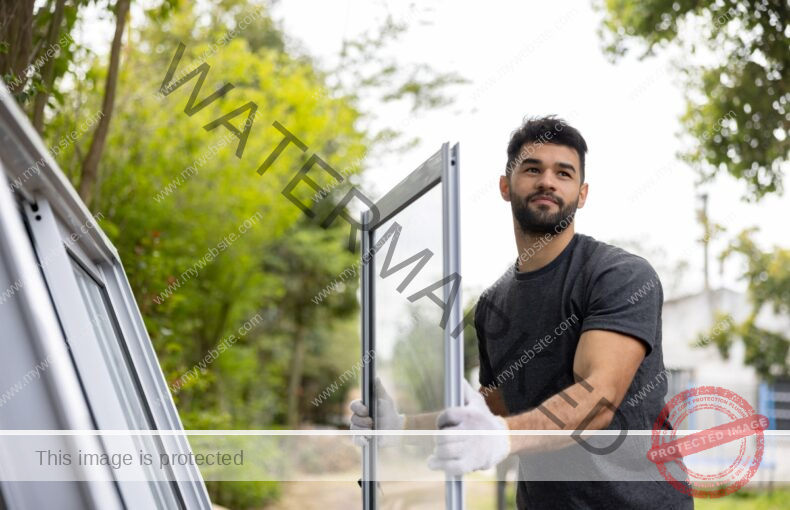 A young man is holding a storm door and ready for transport.