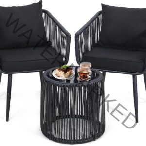 Kromax 3 Pieces Patio Rattan Bistro Conversation Set, Outdoor All-Weather Wicker Furniture Chairs and Side Table Set Ideal for Balcony, Porch and Backyard, Black