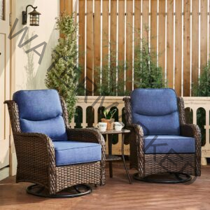 Luxury Outdoor Swivel Rocker Patio Chairs High Back, Patio Chairs Set of 2 with Thick Cushions, Patio Rocking Chairs with Small Side Table, for Porch, Outside, Pool, Deck, Yard, Garden (Blue)