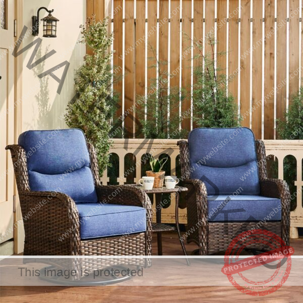 Luxury Outdoor Swivel Rocker Patio Chairs High Back, Patio Chairs Set of 2 with Thick Cushions, Patio Rocking Chairs with Small Side Table, for Porch, Outside, Pool, Deck, Yard, Garden (Blue)