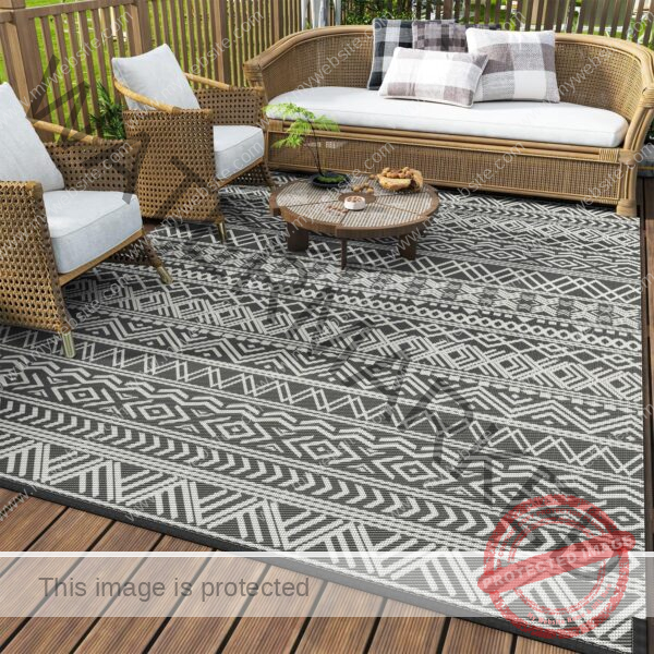 MontVoo-Outdoor Rug Carpet Waterproof 5x8 ft Reversible Patio Rug RV Camping Rug-Plastic Straw Rug Outside Indoor Outdoor Area Rug for Patio Deck Balcony Picnic Beach Outdoor Decor Boho Grey