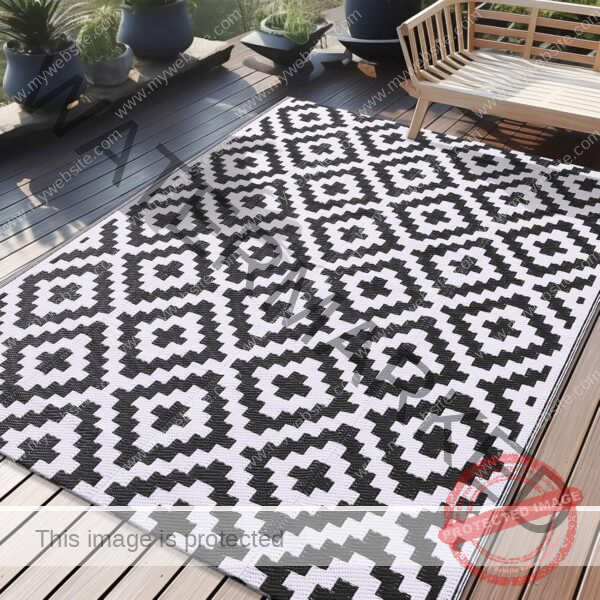 OLANLY Waterproof Outdoor Rug 5x8 ft, Reversible Plastic Straw Patio Rug for Camping, RV Mat Outside, Indoor Outdoor Carpet for Porch, Deck, Backyard, Camper, Balcony, Picnic, Black & White