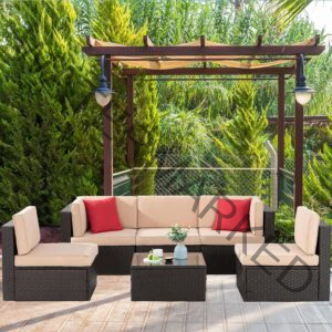 Shintenchi 6 Pieces Patio Furniture Sets Outdoor All-Weather Sectional Patio Sofa Set PE Rattan Manual Weaving Wicker Patio Conversation Set with Glass Table&Ottoman Cushion and Red Pillows, Neutral