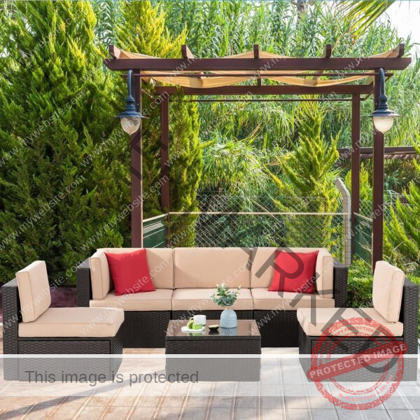 Shintenchi 6 Pieces Patio Furniture Sets Outdoor All-Weather Sectional Patio Sofa Set PE Rattan Manual Weaving Wicker Patio Conversation Set with Glass Table&Ottoman Cushion and Red Pillows, Neutral