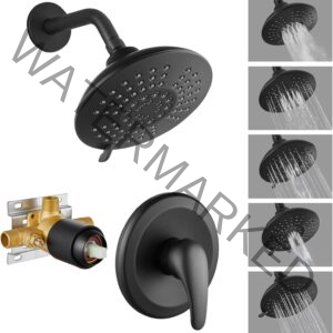 Shower Faucet Set with Pressure Balance Rough-in Valve 1 Handle Control Shower Trim Kit 5-Spray 6 Inch Shower Head Wall Mount Shower System without Tub Spout,Matte Black