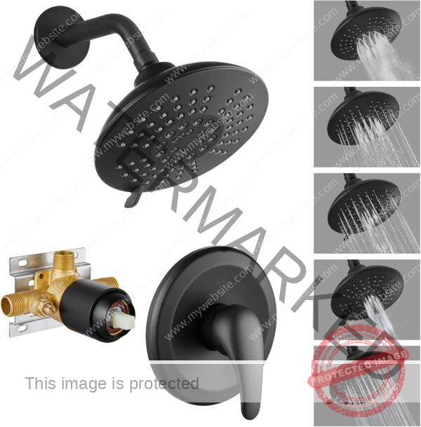 Shower Faucet Set with Pressure Balance Rough-in Valve 1 Handle Control Shower Trim Kit 5-Spray 6 Inch Shower Head Wall Mount Shower System without Tub Spout,Matte Black