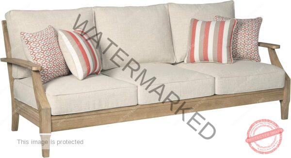 Signature Design by Ashley Clare View Coastal Outdoor Patio Eucalyptus Sofa with Cushions, Beige