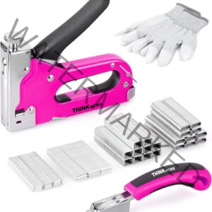 THINKWORK Upholstery Staple Gun, 4 in 1 Pink Staple Guns/Home Use with 3000 Staples, Heavy Duty with Remover for Wood, Cable, Fabric, Wall, Material Repair, DIY Manual Stapler