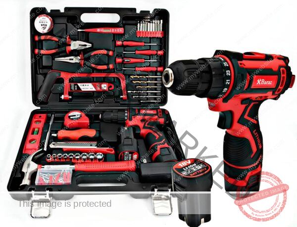 Tool set with 18v cordless drill (2 battery), 126 pieces professional home tool combo Kit. Cordless power Drill and Toolbox set for Household, Homeowners, office, garden, house repair and maintenance.