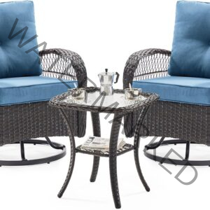 UDPATIO 3 Pieces Patio Furniture Set, Outdoor Swivel Gliders Rocker, Wicker Patio Bistro Set with Rattan Rocking Chair, Glass Top Side Table and Thickened Cushions for Porch Deck Backyard (Blue)