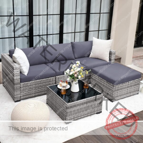 UDPATIO Modular Patio Furniture Set 5 Pieces Outdoor Sectional Couch with Glass Coffee Table, L Shaped Wicker Sofa Patio Conversation Set for Backyard Porch Balcony Grey