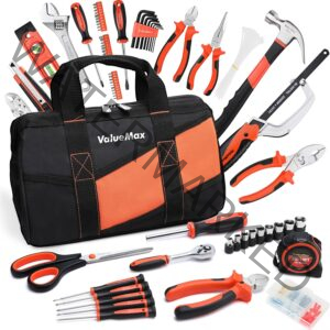 ValueMax Home Tool Set, 219-Piece Basic Household Repairing Tool Kit with 13-Inch Large Opening Tool Bag, Orange General Hand Tools Set, Great Gifts for Homeowner Beginners DIY