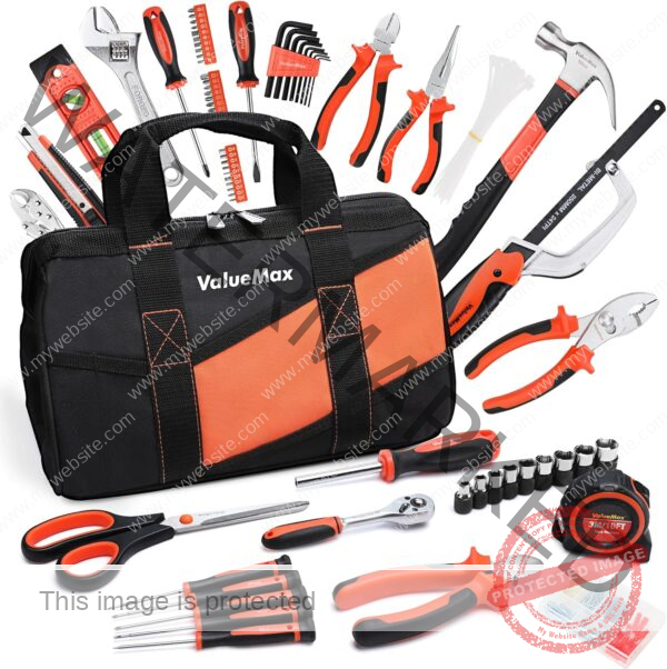 ValueMax Home Tool Set, 219-Piece Basic Household Repairing Tool Kit with 13-Inch Large Opening Tool Bag, Orange General Hand Tools Set, Great Gifts for Homeowner Beginners DIY