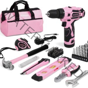 WORKPRO 12V Pink Cordless Drill Driver and Home Tool Kit, Hand Tool Set for DIY, Home Maintenance, 14-inch Storage Bag Included - Pink Ribbon