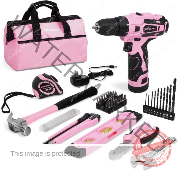 WORKPRO 12V Pink Cordless Drill Driver and Home Tool Kit, Hand Tool Set for DIY, Home Maintenance, 14-inch Storage Bag Included - Pink Ribbon